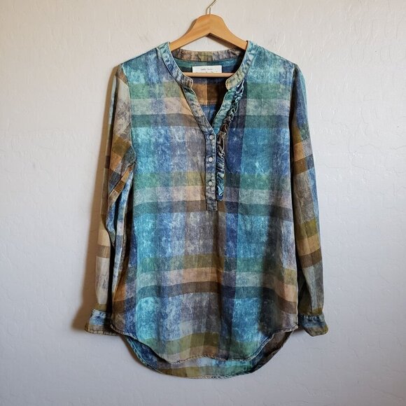 Anthropologie Isabella Sinclair Plaid Ruffle Henley Top Acid Wash Size Womens XS - Picture 1 of 11